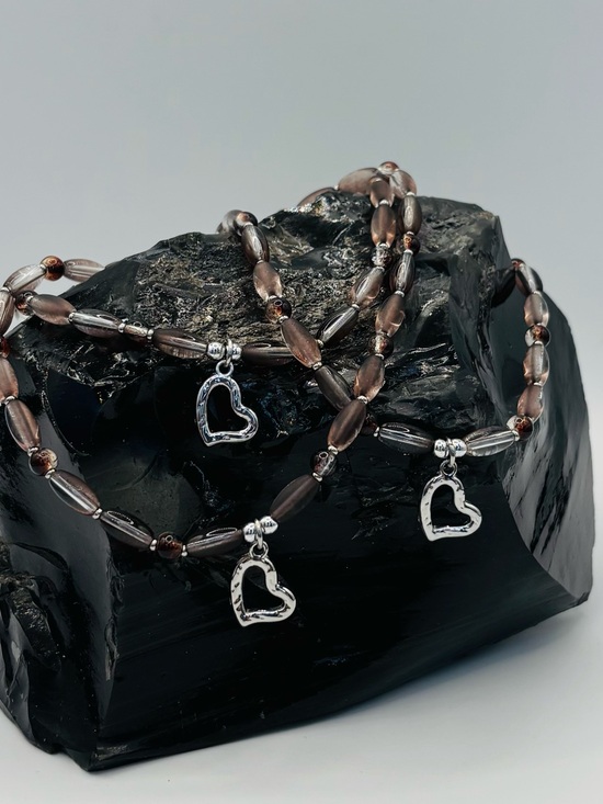 Jewelry - *ANKLET* S.Steel Heart & Frosted Brown Glass Stretchy Anklet